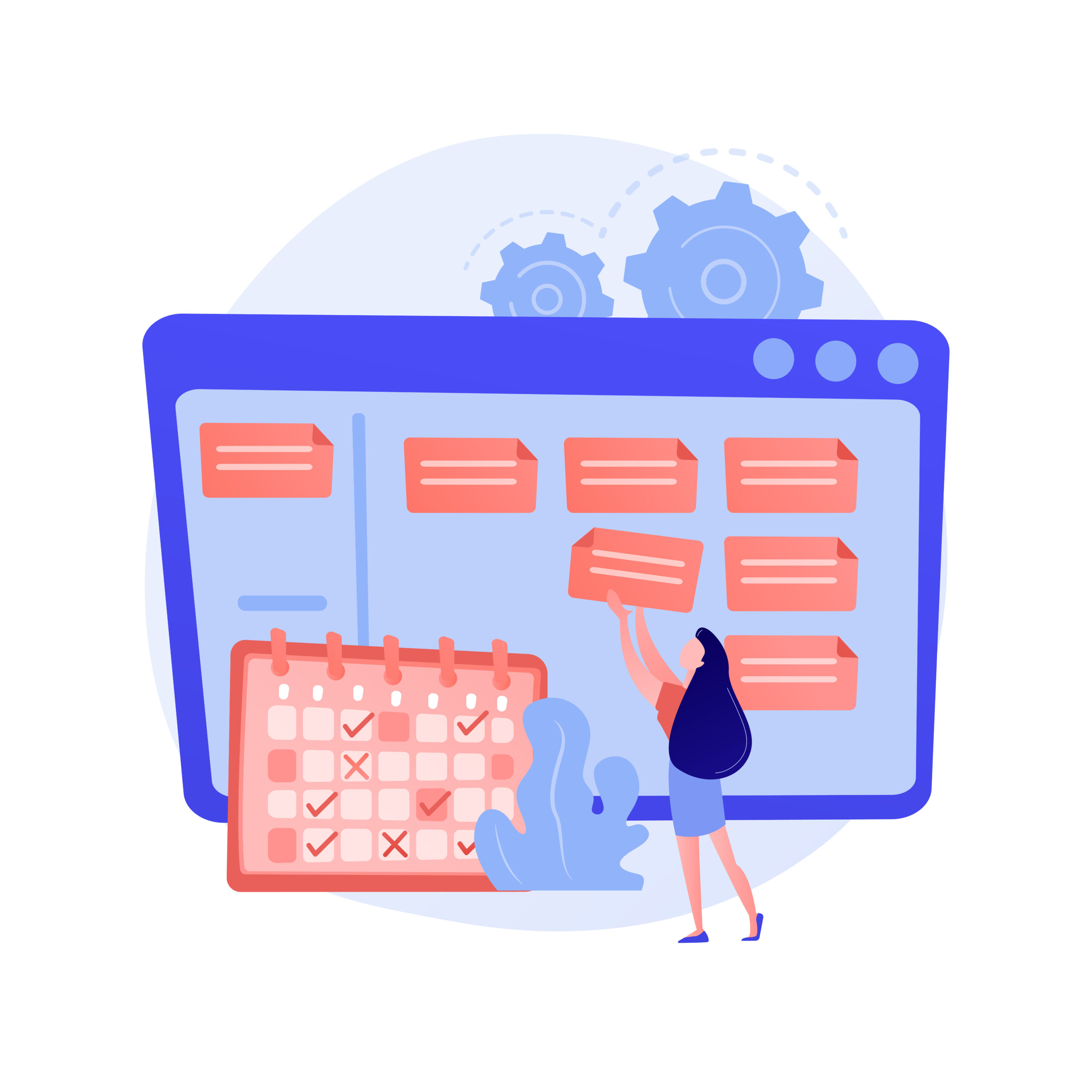Scheduling, planning, setting goals. Schedule, timing, workflow optimization, taking note of assignment. Businesswoman with timetable cartoon character. Vector isolated concept metaphor illustration.