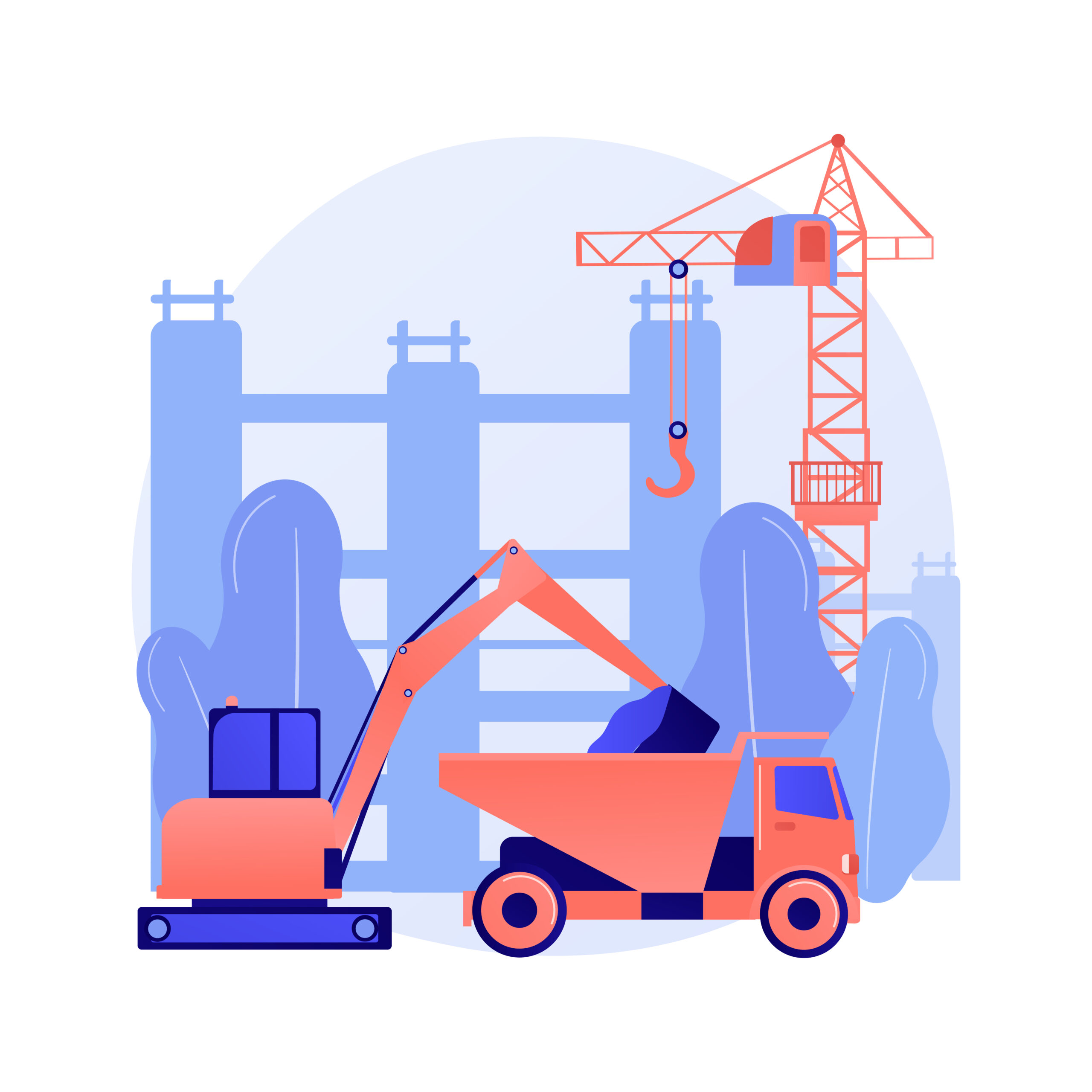Modern construction machinery abstract concept vector illustration. Heavy equipment for construction site, industrial and heavy equipment for rent, maintaining and engineering abstract metaphor.